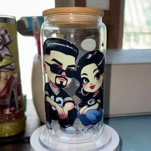 Cartoon Couple Glass Cup with Bamboo Lid